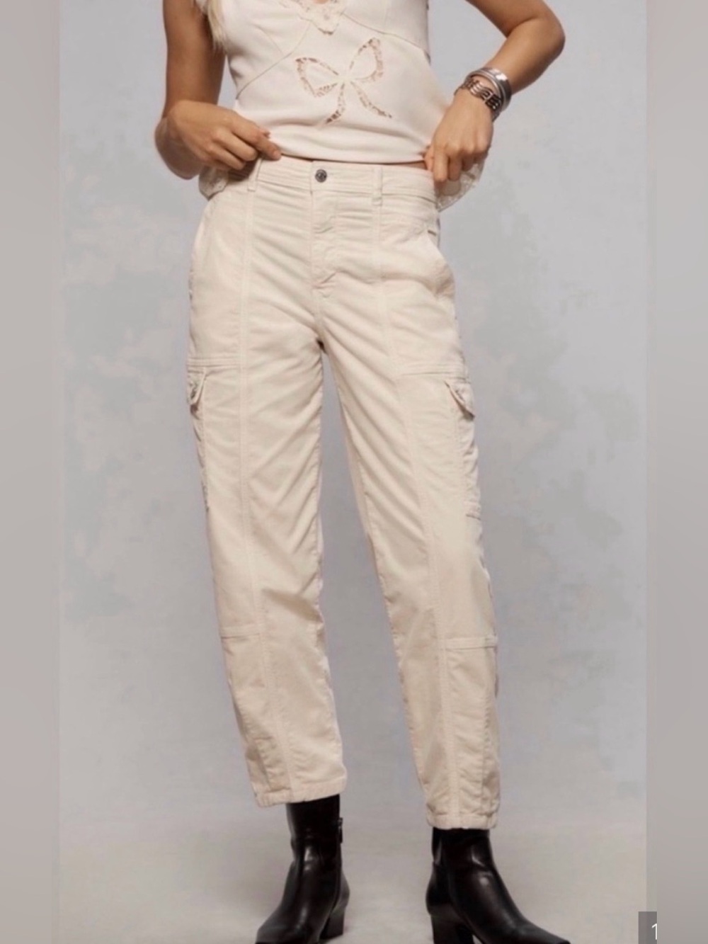 Anthropologie The Carson Utility Barrel Corduroy Pants Color Ivory Velvet